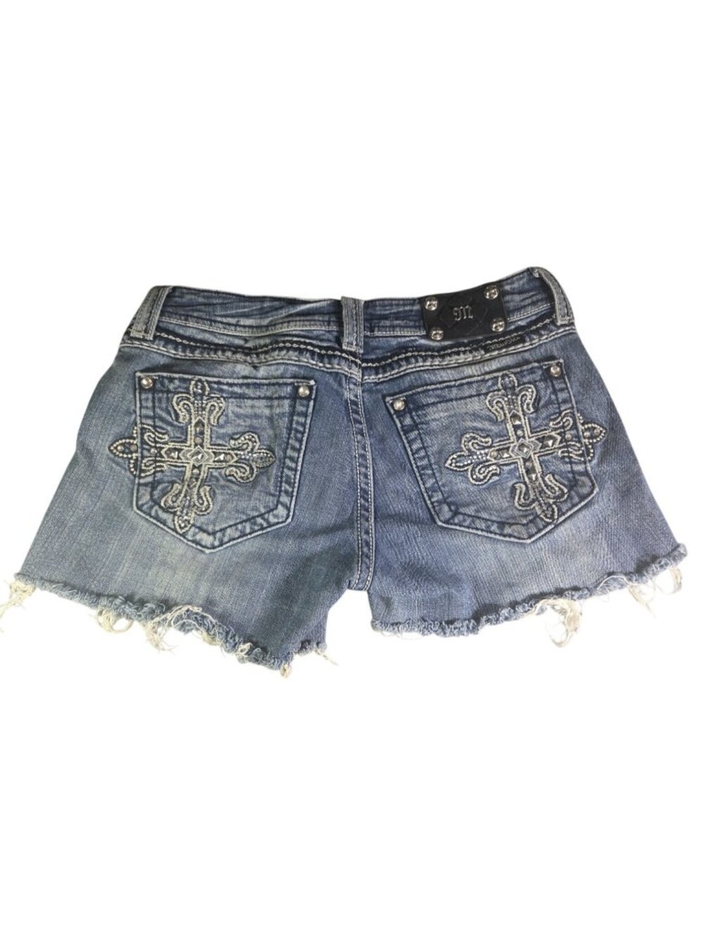 Vintage Y2K Miss Me Micro Mini Shorts Raw Hem Cutoff Sz 30 Blue Mcbling Cross